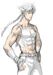  caesar_anthonio_zeppeli facial_mark feathers fingerless_gloves gloves green_eyes hair_feathers headband jojo_no_kimyou_na_bouken kurenai_karasu male_focus midriff muscle partially_colored solo 