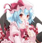  bat_wings blue_hair bow candy fang food fujishima_shinnosuke hat hat_ribbon highres juliet_sleeves knee_up licking lollipop long_sleeves looking_at_viewer mob_cap pillow puffy_sleeves red_eyes remilia_scarlet ribbon sash shadow short_hair simple_background skirt skirt_set solo swirl_lollipop thighhighs tongue tongue_out touhou white_background wings 