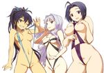  bare_shoulders black_hair breasts flashing ganaha_hibiki green_eyes grin groin hairband highres idolmaster idolmaster_(classic) large_breasts looking_at_viewer melon_sakiguchi miura_azusa multiple_girls navel nipples one_eye_closed partially_visible_vulva shijou_takane silver_hair slingshot_swimsuit smile swimsuit swimsuit_pull 