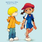  1girl abigail_lincoln arm_grab black_hair blonde_hair blue_background bowl_cut braid child clenched_hand codename:_kids_next_door dark_skin earrings eye_contact frown hat hood hoodie jewelry looking_at_another standing t_k_g translation_request wallabee_beetles 