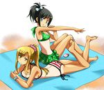  :o aosa_(michikusakan) beach bikini bikini_skirt black_hair blonde_hair blue_eyes bow bracelet feet hair_bow jewelry long_hair maki_saori_(nurarihyon_no_mago) multiple_girls nurarihyon_no_mago one-piece_tan short_hair side-tie_bikini side_ponytail striped striped_bikini striped_swimsuit swimsuit tan tanline torii_natsumi yellow_eyes 