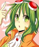  bad_id bad_pixiv_id character_name goggles goggles_on_head green_eyes green_hair gumi megpoid_(vocaloid3) open_mouth pointing pointing_up short_hair solo sora_(kirara114) upper_body vocaloid 
