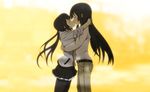  akiyama_mio black_hair closed_eyes highres hug k-on! kiss long_hair multiple_girls nakano_azusa sasaken thighhighs twintails yuri 