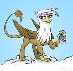  avian beverage brown_feathers brown_fur can cloud clouds english_text female feral friendship_is_magic fur gilda_(mlp) gryphon looking_at_viewer my_little_pony pedantia sky solo text white_feathers wings yellow_eyes 