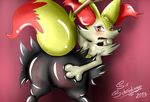  3_fingers ambiguous_gender anthro bent_over big big_butt black_nose black_skin blush braixen butt canine fennec fox fur hand_on_butt looking_back mammal nintendo nude open_mouth plain_background pok&#233;mon presenting presenting_hindquarters raised_arm red_background red_eyes red_fur shadow sharp_teeth shiny sir_schrodinger solo spread_legs spreading standing teeth video_games white_fur yellow_fur 