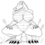  breasts claws crocodile crouching female grin line_art lips plantation reptile scalie solo zp92 