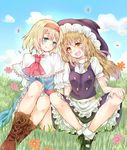  alice_margatroid aqua_eyes blonde_hair bloomers boots bow braid capelet cloud cross-laced_footwear day flower grass hair_bow hairband hat kirisame_marisa lace-up_boots long_hair meadow mimoto_(aszxdfcv) multiple_girls short_hair sitting sky smile touhou underwear witch_hat yellow_eyes 