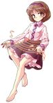  alphes_(style) barefoot blush brown_eyes brown_hair dairi full_body hairband instrument koto_(instrument) long_sleeves looking_at_viewer musical_note parody shirt skirt smile solo staff_(music) style_parody touhou transparent_background tsukumo_yatsuhashi 