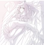  bed bra long_hair looking_at_viewer lying monochrome skirt solo thighhighs underwear wingheart 