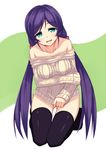  aran_sweater bare_shoulders black_legwear blue_eyes blush breasts collarbone highres large_breasts long_hair looking_at_viewer love_live! love_live!_school_idol_project naked_sweater off-shoulder_sweater ponkotsu_(ayarosu) purple_hair smile solo sweater thighhighs toujou_nozomi twintails zettai_ryouiki 