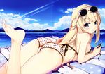  ass barefoot bikini blonde_hair brown_bikini digital_media_player eyewear_on_head feet highres inflatable_raft ipod kaho_okashii leg_up legs long_hair lying neptune_(series) ocean on_stomach polka_dot polka_dot_bikini polka_dot_swimsuit purple_eyes scan solo sunglasses swimsuit vert water 