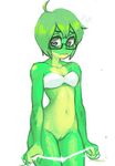  amphibian bikini bottomless breasts colo eyewear female frog glasses green_hair green_skin grey_eyes hair panty_pull pussy swimsuit undressing 