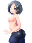  :o ass back bike_shorts black_eyes black_hair blush breasts commentary_request hair_ornament hairclip highres kantai_collection kuroshio_(kantai_collection) looking_back medium_breasts nipples open_mouth short_hair simple_background skylader solo topless white_background 