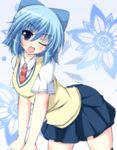  alternate_costume bent_over blue_eyes blue_hair bow cirno fang flower hair_bow ice ice_wings looking_at_viewer masiromu necktie one_eye_closed open_mouth pleated_skirt school_uniform shirt short_sleeves skirt smile solo thighhighs touhou vest wings zettai_ryouiki 