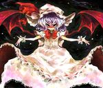  ast bat_wings bow brooch dress eyelashes frilled_skirt frills hat hat_bow jewelry night night_sky outstretched_arms purple_hair red_bow red_eyes red_wings remilia_scarlet skirt sky solo spread_arms star_(sky) touhou white_dress wings wrist_cuffs 