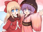 :d blonde_hair blue_eyes bow bowl bowl_hat dress hat hourai_doll japanese_clothes kimono long_hair long_sleeves looking_at_viewer multiple_girls open_mouth outstretched_arm purple_eyes purple_hair ry sash short_hair smile sukuna_shinmyoumaru touhou upper_body wide_sleeves wings 
