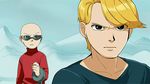  bald blonde_hair blue_eyes blurry chad_dickson chain codename:_kids_next_door cuffs depth_of_field furrowed_eyebrows looking_at_another male_focus mountain multiple_boys nigel_uno parted_lips shackles sunglasses t_k_g 