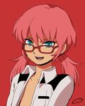  bespectacled glasses green_eyes implied_yaoi inazuma_eleven_(series) inazuma_eleven_go kirino_ranmaru male_focus mizuhara_aki open_clothes open_mouth open_shirt pink_hair shirt simple_background solo twintails upper_body 