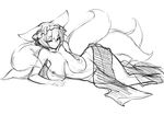  1girl animal_ears breasts curvy female fox_tail hat huge_breasts kaminari long_breasts lying monochrome multiple_tails naughty_face nipples nude on_side see-through short_hair simple_background sketch solo tail touhou white_background yakumo_ran 