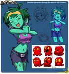  ahoge armpits arms_up breasts cleavage concept_art cutoffs earrings green_hair green_skin hairband hand_on_hip happy jewelry kou_(makoto_yabe) medium_breasts midriff navel octopus red_eyes rottytops shantae:_half-genie_hero shantae_(series) short_hair shorts sideboob skull_earrings squid_baron stitches strap_slip tank_top yellow_hairband zombie 