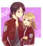  blonde_hair blue_eyes brown_eyes brown_hair christa_renz emblem flower hair_flower hair_ornament military military_uniform momonkii multiple_girls open_mouth paradis_military_uniform ponytail shingeki_no_kyojin smile training_corps_(emblem) uniform ymir_(shingeki_no_kyojin) 