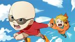  1girl bald blonde_hair blue_eyes boots brown_eyes clenched_hand cloud codename:_kids_next_door day drawstring flying holding_hands nigel_uno open_mouth rachel_t_mckenzie rocket_boots rocket_shoes shorts sky t_k_g tears 