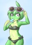  amphibian bikini breasts cleavage clothed clothing eyewear female frog green_hair green_skin grey_eyes hair popsicle shouk sunglasses swimsuit 