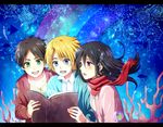  2boys :d :o armin_arlert black_hair blonde_hair blue_eyes blush book brown_hair bubble coral eren_yeager fish flower friends green_eyes highres letterboxed long_hair mikasa_ackerman multiple_boys open_book open_mouth purple_eyes rainbow reading red_scarf scarf sea-ss5578 shingeki_no_kyojin short_hair smile underwater 