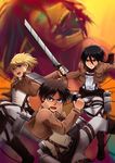  2boys akayashi armin_arlert black_hair blonde_hair blue_eyes emblem eren_yeager green_eyes mikasa_ackerman multiple_boys paradis_military_uniform rogue_titan shingeki_no_kyojin sword three-dimensional_maneuver_gear training_corps_(emblem) weapon 