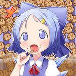  1girl blue_dress blue_eyes blue_hair blush bow cirno cookie cookie_clicker crumbs dress eating fang food food_on_face forehead hair_bow hair_ornament hairclip hairpin highres ice ice_wings looking_at_viewer makuran open_mouth ribbon short_hair smile solo surprised touhou upper_body wings 