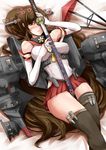  bare_shoulders blush breasts brown_eyes brown_hair brown_legwear cannon flower hair_flower hair_ornament japanese_clothes kantai_collection katana large_breasts long_hair lying mecha_musume miniskirt ponytail skirt smile solo sword tenko_(gintenko) thighhighs turret very_long_hair weapon yamato_(kantai_collection) 