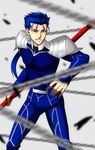  blue_hair fate/stay_night fate_(series) gae_bolg highres hogehoge0710 lancer long_hair male_focus polearm ponytail red_eyes solo spear weapon 