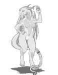  anthro breasts dragon female greyscale horn monochrome panties pussy solo sotoco standing translucent transparent_clothing underwear wings 