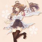  :d bare_shoulders blush boots breasts brown_eyes brown_hair cherry_blossoms detached_sleeves floral_background hair_ornament hairband headgear japanese_clothes kantai_collection kongou_(kantai_collection) long_hair medium_breasts nontraditional_miko open_mouth pink_background ribbon-trimmed_sleeves ribbon_trim serino_itsuki skirt smile solo thigh_boots thighhighs wide_sleeves zettai_ryouiki 
