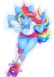  anthrofied band-aid bandage big_breasts blue_body blue_fur breasts cleavage clothed clothing determined equine fast female friendship_is_magic fur grin hair horse ibukihouse looking_at_viewer mammal multi-colored_hair my_little_pony nipples pegasus plain_background pony purple_eyes rainbow_dash_(mlp) rainbow_hair rollerskates shirt shorts smile socks solo teeth white_background wings wristband 