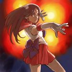  back_bow bishoujo_senshi_sailor_moon black_eyes black_hair bow elbow_gloves gloves hino_rei long_hair open_mouth outstretched_hand pose red_sailor_collar red_skirt sailor_collar sailor_mars sailor_senshi_uniform sivva skirt sleeveless solo tiara white_gloves 