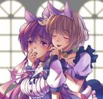  :p alice_margatroid alternate_costume animal_ears apron blonde_hair breasts choker closed_eyes crescent crescent_hair_ornament enmaided fake_animal_ears hair_ornament kemonomimi_mode knife long_hair maid medium_breasts multiple_girls patchouli_knowledge purple_eyes purple_hair rainbow2319682 reflection short_hair smile tears tongue tongue_out touhou window yuri 