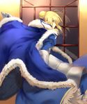  absurdres ahoge armor artoria_pendragon_(all) blonde_hair blue_cape braid cape dress fate/stay_night fate_(series) faulds from_behind fur_trim green_eyes hair_bun hair_ribbon highres juliet_sleeves long_sleeves puffy_sleeves reflection ribbon saber solo window xiaoya 