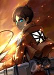  blue_eyes brown_hair emblem eren_yeager fire from_behind highres jacket male_focus paradis_military_uniform shingeki_no_kyojin solo sword three-dimensional_maneuver_gear training_corps_(emblem) weapon xiaoya 