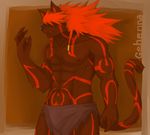  abs abstract_background anthro biceps black_fur black_nipples black_nose body_markings brown_fur bulge canine chest_tuft claws fangs fur hair hair_over_eyes loincloth male mammal markings muscles nipples o-ro pecs pose red_fur red_hair solo standing teeth topless tuft wolf 