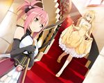  2girls blonde_hair blue_eyes blush bow brown_eyes cosmic_break dress elbow_gloves elisalotte long_hair melfi pink_hair short_hair stairs wakaba 