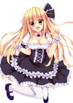  :d black_dress blonde_hair breasts cleavage cross-laced_clothes dress full_body highres jumping large_breasts layered_dress long_hair looking_at_viewer mary_janes nanairo_fuusen open_mouth original puffy_short_sleeves puffy_sleeves shoes short_sleeves simple_background smile solo tareme thighhighs white_background white_legwear yellow_eyes 