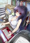  :o bangs blush book bookmark bookshelf box breasts bulletin_board cabinet calendar_(object) cardboard_box cellphone cleavage computer copyright_name corkboard cu-no desk envelope from_above glasses hair_over_eyes highres hisenkaede indoors katana kokonoe_tamaki laptop large_breasts light long_hair looking_at_viewer machinery mouse_(computer) nail_polish_bottle notebook office official_art partially_unbuttoned pen phone pince-nez ponytail purple_hair red_eyes scabbard screen sheath sheathed shirt sidelocks sleeveless sleeveless_shirt smartphone sticky_note sword table tissue_box weapon white_shirt wristband writing 