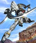  day dual_wielding gundam gundam_sandrock gundam_wing hiropon_(tasogare_no_puu) holding holding_weapon lens_flare mecha no_humans photo_background realistic science_fiction shotel sky sunlight sword weapon 