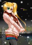  ahoge blonde_hair cityscape cowboy_shot green_eyes hands_clasped heterochromia highres hood hoodie j-wabe long_hair lyrical_nanoha mahou_shoujo_lyrical_nanoha_strikers night night_sky older open_mouth outdoors own_hands_together pantyhose plaid ponytail red_eyes scarf side_ponytail skirt sky snow solo stretch vivio water 