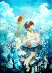  absurdres barefoot brown_hair bubble cloud flower highres innertube jellyfish kottu65 original school_uniform serafuku short_hair sunflower tanzaku traditional_media water watercolor_(medium) 