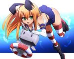  :3 animal_ears bare_shoulders black_panties blonde_hair boots bubble bunny_ears cannon elbow_gloves fake_animal_ears gloves green_eyes hair_ribbon highres innertube kantai_collection long_hair looking_at_viewer midriff miniskirt open_mouth panties rensouhou-chan ribbon shimakaze_(kantai_collection) shirt skirt sleeveless sleeveless_shirt smile striped striped_legwear thighhighs umakatsuhai underwear water white_gloves zettai_ryouiki |_| 