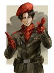  belt beret black_hair cosplay finger_gun gloves hat ikuyoan levi_(shingeki_no_kyojin) male_focus metal_gear_(series) metal_gear_solid metal_gear_solid_3 military military_uniform red_gloves revolver_ocelot revolver_ocelot_(cosplay) shingeki_no_kyojin solo spetsnaz uniform you're_pretty_good 