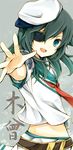  blue_eyes blush character_name eyepatch hair_between_eyes hat kantai_collection kiso_(kantai_collection) long_hair looking_at_viewer mole outstretched_arm outstretched_hand sailor_collar smile solo yonema 