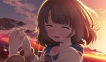  1girl brown_hair eyes_closed game_cg hayakawa_harui highres shoujo_shin'iki_shoujo_tengoku sunset the_garden_of_fifth_zoa thighhighs tsunasaka_aoi 